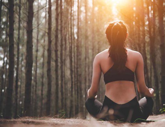 A woman meditating in the forest