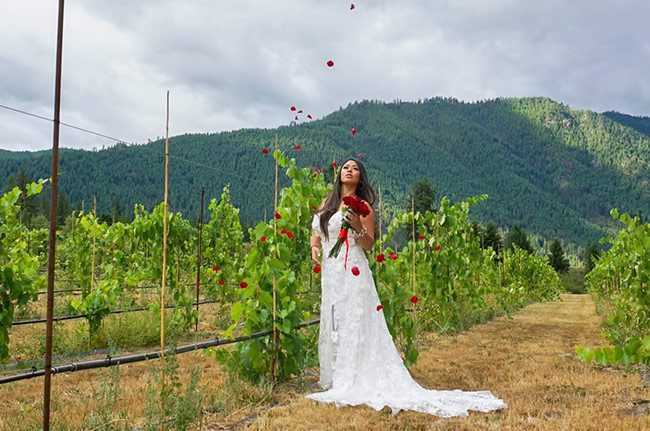 A bride in a green field
