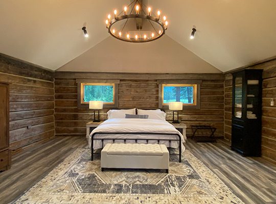 The interior of a luxury log cabin