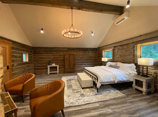 The interior of a luxury log cabin