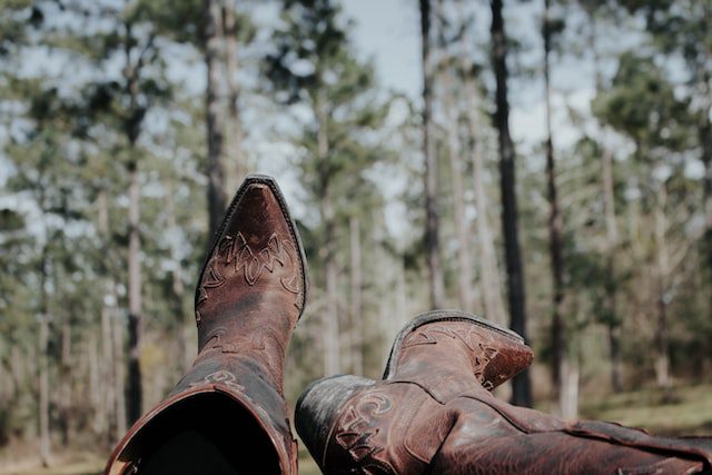 A pair of Western boots overlooking a forest