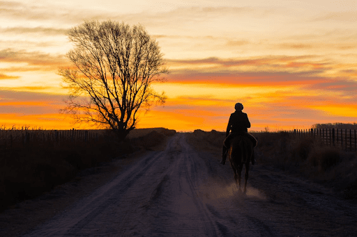 A person riding a horse as the sun sets